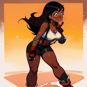 (Perfect body), Best Quality, (((Blush))), (((Dark Skin))), (Short Hair),  ((thick thighs)), shy, black hair,  brown eyes, freckles,  cover,  good fingers,  good hands, best eyes, round pupil,veronica,defTifa, white crop top, elbow pad, fingerless gloves, suspenders, pencil skirt, black socks, red boots