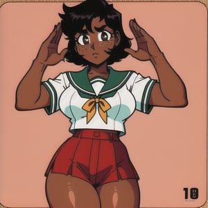 (Perfect body), Best Quality, (blush), (short hair), Dark Skin,  ((thick thighs)),  Tomboy,  shy,  freckles,  black hair,  brown eyes,  tan skin, veronica,  cover,  good fingers,  good hands, best eyes, round pupil, retro,1990s \(style\), sailor uniform, salute, ocean, warship