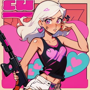 (Perfect body), Best Quality, (blush), (Fluffy Hair), light Skin, (skinny), flat chest, shy, white hair, bandaid, tomboy, magenta eyes, veronica, cover, good fingers, good hands, five fingers, best eyes, round pupil,veronica, heart earrings, tank top, shorts, short barrel shotgun, blank stare, hotline miami