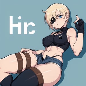 (Perfect body), Best Quality, ((Short Hair)), (blonde hair), blue eyes, face scars, ((body scars)), ((thick thighs)),  good fingers,  good hands, best eyes, round pupil, female_solo, ((tired)), glare, (((left eyepatch))), shy, shorts, crop top, thigh highs