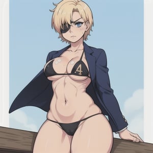 (Perfect body), Best Quality, ((Short Hair)), (blonde hair), blue eyes, face scars, ((body scars)), ((thick thighs)),  good fingers,  good hands, best eyes, round pupil, female_solo, ((tired)), glare, (((left eyepatch))), bikini, blazer