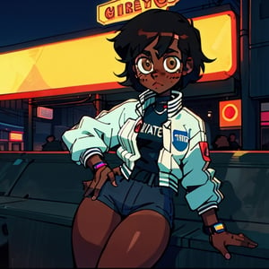 (Perfect body), Best Quality, (blush), (short hair), Dark Skin,  ((thick thighs)),  Tomboy,  shy,  freckles,  black hair,  brown eyes,  tan skin, veronica,  cover,  good fingers,  good hands, punk, white jacket, sitting, city, nighttime, neon lights, cyberpunk,1990s \(style\)