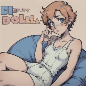 (Perfect body), Best Quality, (blush), (Short Hair), (Pixie Cut), Peach Skin, (skinny), flat chest, (freckles), Tomboy, strawberry blonde hair, blue eyes, veronica, cover, good fingers, good hands, five fingers, best eyes, round pupil,veronica, sitting, bean bag chair