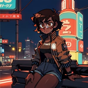 (Perfect body), Best Quality, (blush), (short hair), Dark Skin,  ((thick thighs)),  Tomboy,  shy,  freckles,  black hair,  brown eyes,  tan skin, veronica,  cover,  good fingers,  good hands, punk, white short jacket, sitting, city, nighttime, neon lights, cyberpunk,1990s \(style\),1980s \(style\), retro artstyle