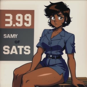 (Perfect body), Best Quality, (blush), (short hair), Dark Skin,  ((thick thighs)),  Tomboy,  shy,  freckles,  black hair,  brown eyes,  tan skin, veronica,  cover,  good fingers,  good hands, best eyes, round pupil, retro,1990s \(style\),1980s \(style\), police uniform, street, sitting, bench