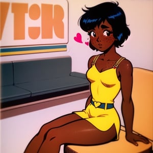 (Perfect body), Best Quality, (blush), (short hair), Dark Skin,  ((thick thighs)),  Tomboy,  shy,  freckles,  black hair,  brown eyes,  tan skin, veronica,  cover,  good fingers,  good hands, best eyes, round pupil, hearts, nervous, yellow dress, sitting, cafe, retro