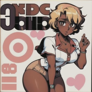 (Perfect body), Best Quality, (blush), pixie cut, (short hair), Dark Skin, gyaru, ((thick thighs)), Tomboy, blonde hair, brown eyes, tan skin, veronica, cover, good fingers, good hands, five fingers, best eyes, round pupil, retro,veronica,1990s (style), schoolgirl