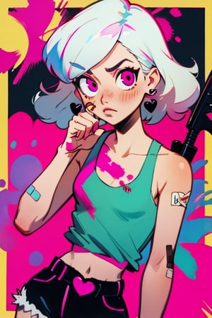 (Perfect body), Best Quality, (blush), (Fluffy Hair), light Skin, (skinny), flat chest, ((white hair)), bandaid, tomboy, magenta eyes, veronica, cover, good fingers, good hands, five fingers, best eyes, round pupil, veronica, heart earrings, black heart tank top, shorts, hotline miami, magenta hair streak, anger, shotgun, blood covered