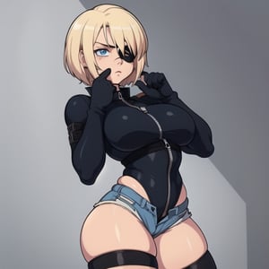 (Perfect body), Best Quality, ((Short Hair)), (blonde hair), blue eyes, face scars, ((body scars)), ((thick thighs)),  good fingers,  good hands, best eyes, round pupil, female_solo, ((tired)), glare, (((left eyepatch))), jean shorts, crop top, thigh highs, unzipped shorts, black gloves