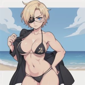 (Perfect body), Best Quality, ((Short Hair)), (blonde hair), blue eyes, face scars, ((body scars)), ((thick thighs)),  good fingers,  good hands, best eyes, round pupil, female_solo, ((tired)), glare, (((left eyepatch))), bikini, blazer, beach