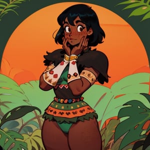 (Perfect body), Best Quality, (((Blush))), (((Dark Skin))), (Short Hair),  ((thick thighs)), black hair,  brown eyes, freckles,  good fingers,  good hands, best eyes, round pupil,veronica, fur armor, pose, tribal, jungle