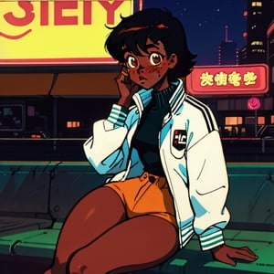 (Perfect body), Best Quality, (blush), (short hair), Dark Skin,  ((thick thighs)),  Tomboy,  shy,  freckles,  black hair,  brown eyes,  tan skin, veronica,  cover,  good fingers,  good hands, punk, white short jacket, sitting, city, nighttime, neon lights, cyberpunk,1990s \(style\),1980s \(style\)