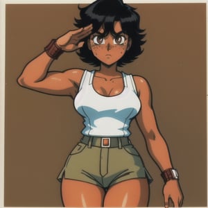 (Perfect body), Best Quality, (blush), (short hair), Dark Skin,  ((thick thighs)),  Tomboy,  shy,  freckles,  black hair,  brown eyes,  tan skin, veronica,  cover,  good fingers,  good hands, best eyes, round pupil, retro,1990s \(style\),1980s \(style\), soldier, salute, serious