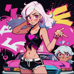 (Perfect body), Best Quality, (blush), (Fluffy Hair), light Skin, (skinny), flat chest, shy, white hair, bandaid, tomboy, magenta eyes, veronica, cover, good fingers, good hands, five fingers, best eyes, round pupil,veronica, heart earrings, black heart tank top, shorts, shotgun, hotline miami, magenta hair streak, pose, stare, street, car, graffiti