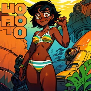 (Perfect body), Best Quality, (blush), (short hair), Dark Skin,  ((thick thighs)),  Tomboy,  shy,  freckles,  black hair,  brown eyes,  tan skin, veronica,  cover,  good fingers,  good hands, retrocyberpunk,1990s \(style\), underwater, yellow striped bikini