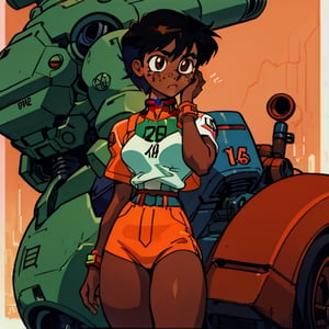 (Perfect body), Best Quality, (blush), (short hair), Dark Skin,  ((thick thighs)),  Tomboy,  shy,  freckles,  black hair,  brown eyes,  tan skin, veronica,  cover,  good fingers,  good hands, retrocyberpunk,1990s \(style\), evangelion, mecha