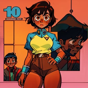 (Perfect body), Best Quality, (blush), (short hair), Dark Skin,  ((thick thighs)),  Tomboy,  shy,  freckles,  black hair,  brown eyes,  tan skin, veronica,  cover,  good fingers,  good hands, retrocyberpunk,1990s \(style\),rha30,High detailed ,1980s \(style\), no pupil