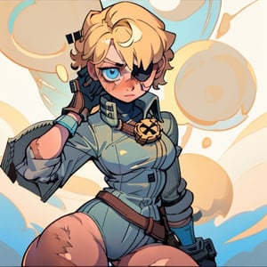 (Perfect body), Best Quality, ((Short Hair)), (blonde hair), blue eyes, eyepatch over left eye, face scars, body scars, ((thick thighs)),  good fingers,  good hands, best eyes, round pupil, female_solo, gloves