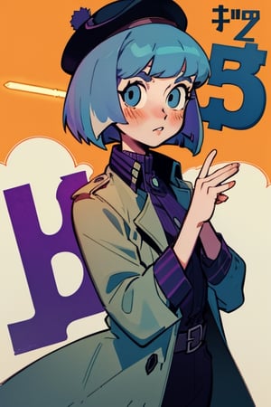 (Perfect body), Best Quality, (blush), (Bob cut), light Skin, (skinny), flat chest, ((light blue hair)), blue eyes, veronica, cover, good fingers, good hands, five fingers, best eyes, round pupil, veronica, noir, trench coat, purple wide brimmed hat, detective