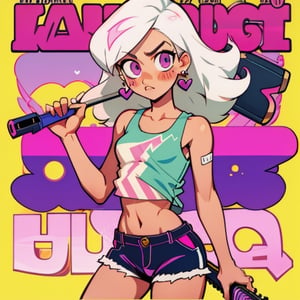 (Perfect body), Best Quality, (blush), (Fluffy Hair), light Skin, (skinny), flat chest, shy, white hair, bandaid, tomboy, magenta eyes, veronica, cover, good fingers, good hands, five fingers, best eyes, round pupil,veronica, heart earrings, tank top, shorts, short barrel shotgun, blank stare, hotline miami