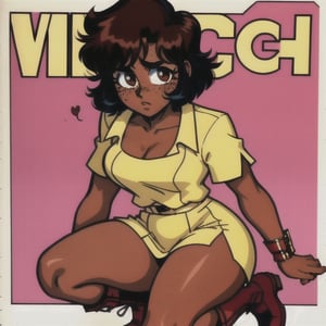 (Perfect body), Best Quality, (blush), (short hair), Dark Skin,  ((thick thighs)),  Tomboy,  shy,  freckles,  black hair,  brown eyes,  tan skin, veronica,  cover,  good fingers,  good hands, best eyes, round pupil, retro,1990s \(style\),1980s \(style\), yellow dress, hearts, nervous, boots