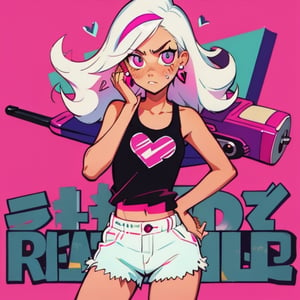 (Perfect body), Best Quality, (blush), (Fluffy Hair), light Skin, (skinny), flat chest, shy, white hair, bandaid, tomboy, magenta eyes, veronica, cover, good fingers, good hands, five fingers, best eyes, round pupil,veronica, heart earrings, tank top, shorts, Sawed Off Shotgun, blank stare, hotline miami, magenta hair streak