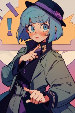 (Perfect body), Best Quality, (blush), (Bob cut), light Skin, (skinny), flat chest, ((light blue hair)), blue eyes, veronica, cover, good fingers, good hands, five fingers, best eyes, round pupil, veronica, noir, trench coat, purple wide brimmed hat, detective