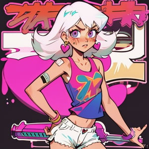 (Perfect body), Best Quality, (blush), (Fluffy Hair), light Skin, (skinny), flat chest, shy, white hair, bandaid, tomboy, magenta eyes, veronica, cover, good fingers, good hands, five fingers, best eyes, round pupil,veronica, heart earrings, tank top, shorts, short shotgun, blank stare, hotline miami