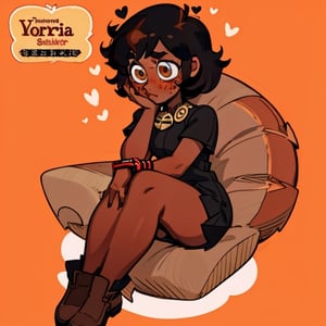 (Perfect body), Best Quality, (blush), (short hair), Dark Skin,  ((thick thighs)),  Tomboy,  shy,  freckles,  black hair,  brown eyes,  tan skin, veronica,  cover,  good fingers,  good hands, best eyes, round pupil, hearts, nervous, park, sitting, full body, dress