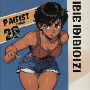 (Perfect body), Best Quality, (blush), pixie cut, (short hair), Dark Skin, ((thick thighs)), Tomboy, freckles, black hair, brown eyes, tan skin, veronica, cover, good fingers, good hands, five fingers, best eyes, round pupil, retro,veronica,1990s (style), god eater