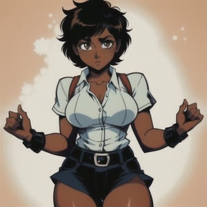 (Perfect body), Best Quality, (blush), pixie cut, (short hair), Dark Skin, ((thick thighs)), Tomboy, freckles, black hair, brown eyes, tan skin, veronica, cover, good fingers, good hands, five fingers, best eyes, round pupil, retro,veronica,1990s (style), god eater