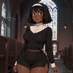 (Perfect body), Best Quality, (((blush))), (((Dark Skin))), (Short Hair),  ((thick thighs)),  shy, freckles,  black hair,  brown eyes,  cover,  good fingers,  good hands, best eyes, round pupil,veronica,ink,b1mb0, nun, church