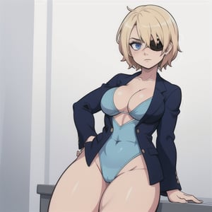 (Perfect body), Best Quality, ((Short Hair)), (blonde hair), blue eyes, face scars, ((body scars)), ((thick thighs)),  good fingers,  good hands, best eyes, round pupil, female_solo, ((tired)), glare, (((left eyepatch))), bikini, blazer, home