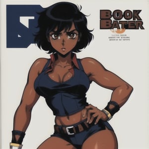 (Perfect body), Best Quality, (blush), pixie cut, (short hair), Dark Skin, ((thick thighs)), Tomboy, freckles, black hair, brown eyes, tan skin, veronica, cover, good fingers, good hands, five fingers, best eyes, round pupil, retro,veronica,1990s (style), god eater