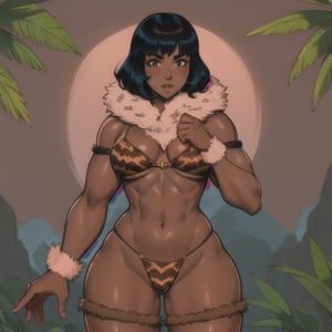 (Perfect body), Best Quality, (((Blush))), (((Dark Skin))), (Short Hair),  ((thick thighs)), black hair,  brown eyes, freckles,  good fingers,  good hands, best eyes, round pupil,veronica, fur clothes, pose, jungle, loincloth, beast, savage