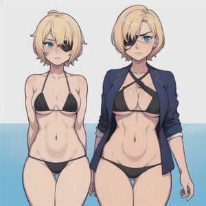 (Perfect body), Best Quality, ((Short Hair)), (blonde hair), blue eyes, face scars, ((body scars)), ((thick thighs)),  good fingers,  good hands, best eyes, round pupil, female_solo, ((tired)), glare, (((left eyepatch))), bikini, blazer, 