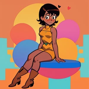 (Perfect body), Best Quality, (blush), (short hair), Dark Skin,  ((thick thighs)),  Tomboy,  shy,  freckles,  black hair,  brown eyes,  tan skin, veronica,  cover,  good fingers,  good hands, best eyes, round pupil, hearts, nervous, sitting,yellow dress, boots, retro,FrankieFoster ,欧美卡通,原创角色设计