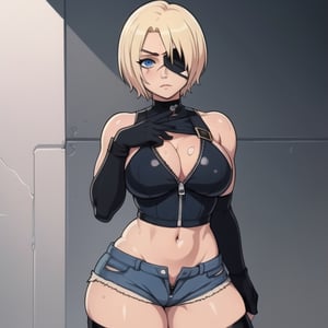 (Perfect body), Best Quality, ((Short Hair)), (blonde hair), blue eyes, face scars, ((body scars)), ((thick thighs)),  good fingers,  good hands, best eyes, round pupil, female_solo, ((tired)), glare, (((left eyepatch))), jean shorts, crop top, thigh highs, unzipped shorts, black gloves