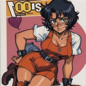(Perfect body), Best Quality, (blush), (short hair), Dark Skin,  ((thick thighs)),  Tomboy,  shy,  freckles,  black hair,  brown eyes,  tan skin, veronica,  cover,  good fingers,  good hands, best eyes, round pupil, retro,1990s \(style\),1980s \(style\), yellow dress, hearts, nervous, boots