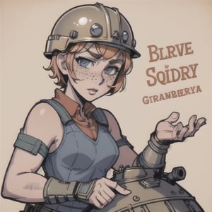 (Perfect body), Best Quality, (blush), (Short Hair), (Pixie Cut), Peach Skin, (skinny), flat chest, (freckles), Tomboy, strawberry blonde hair, blue eyes, veronica, cover, good fingers, good hands, five fingers, best eyes, round pupil,veronica, desert, sitting on tank, tank, soldier helmet, soldier jacket
