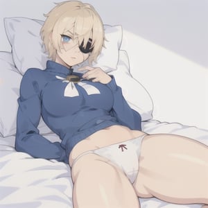 (Perfect body), Best Quality, ((Short Hair)), (blonde hair), blue eyes, face scars, ((body scars)), ((thick thighs)),  good fingers,  good hands, best eyes, round pupil, female_solo, ((tired)), glare, (((left eyepatch))), white sweater, blue panties, bed, winter