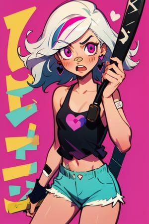 (Perfect body), Best Quality, (blush), (Fluffy Hair), light Skin, (skinny), flat chest, ((white hair)), bandaid, tomboy, magenta eyes, veronica, cover, good fingers, good hands, five fingers, best eyes, round pupil, veronica, heart earrings, black heart tank top, shorts, hotline miami, magenta hair streak, anger, baseball bat, bloody hands