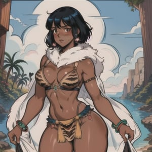 (Perfect body), Best Quality, (((Blush))), (((Dark Skin))), (Short Hair),  ((thick thighs)), black hair,  brown eyes, freckles,  good fingers,  good hands, best eyes, round pupil,veronica, fur clothes, pose, jungle, loincloth, beast, savage