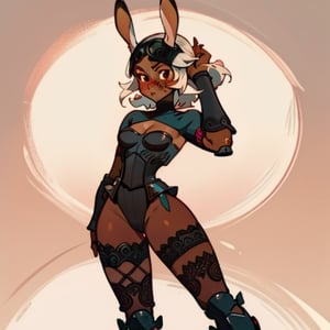 (Perfect body), Best Quality, (((Blush))), (((Dark Skin))), (Short Hair),  ((thick thighs)), shy, white hair,  brown eyes, freckles,  cover,  good fingers,  good hands, best eyes, round pupil,veronica,helmet, revealing clothes, vambraces, armored legwear, high heels, bunny ears, pose