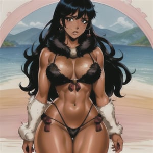 (Perfect body), Best Quality, (((Blush))), (((Dark Skin))), (Short Hair),  ((thick thighs)), black hair,  brown eyes, freckles,  good fingers,  good hands, best eyes, round pupil,veronica, fur clothes, jungle, loincloth, savage