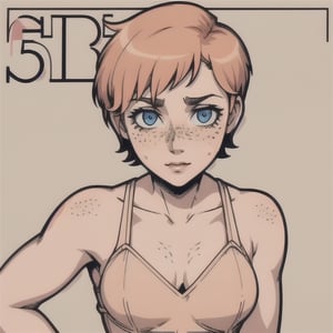 (Perfect body), Best Quality, (blush), (Short Hair), (Pixie Cut), Peach Skin, (skinny), flat chest, (freckles), Tomboy, strawberry blonde hair, blue eyes, veronica, cover, good fingers, good hands, five fingers, best eyes, round pupil,veronica, wasteland