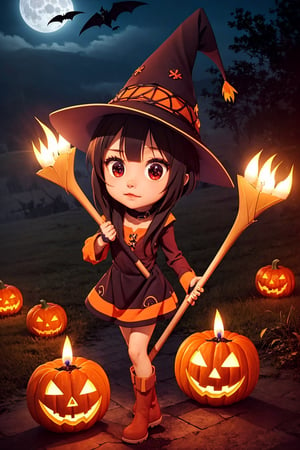 beautiful dressed female kawaii skeleton dig with a spade, with top, short, high healed boots, in a cemetery, at night, full moon, fog, several flying chibi ghosts in the background, Halloween sceen, Halloween ports, pumpkins, pumpkin lanterns, candles, bats, Halloween atmosphere,Megu-KJ, megu dress