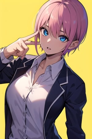 ichika nakano, short hair, bangs, blue eyes, hair between eyes, pink hair, best quality, high resolution, unity 8k wallpaper, (illustration:0.8), (beautiful detailed eyes:1.6), extremely detailed face, perfect lighting, extremely detailed CG, (perfect hands, perfect anatomy), only one person, busty, school uniform









