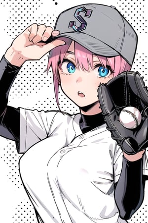 ichika nakano, short hair, bangs, blue eyes, hair between eyes, pink hair, best quality, high resolution, unity 8k wallpaper, (illustration:0.8), (beautiful detailed eyes:1.6), extremely detailed face, perfect lighting, extremely detailed CG, (perfect hands, perfect anatomy), only one person, busty, baseball uniform








 


