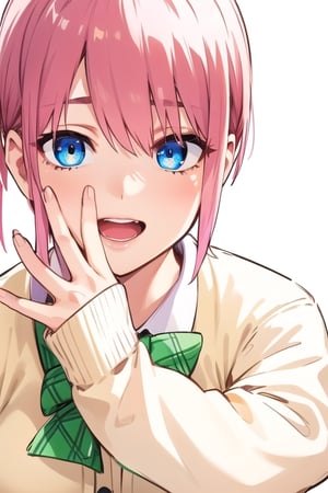 ichika nakano, short hair, bangs, blue eyes, hair between eyes, pink hair, best quality, high resolution, unity 8k wallpaper, (illustration:0.8), (beautiful detailed eyes:1.6), extremely detailed face, perfect lighting, extremely detailed CG, (perfect hands, perfect anatomy), only one person, busty, happy, school uniform



